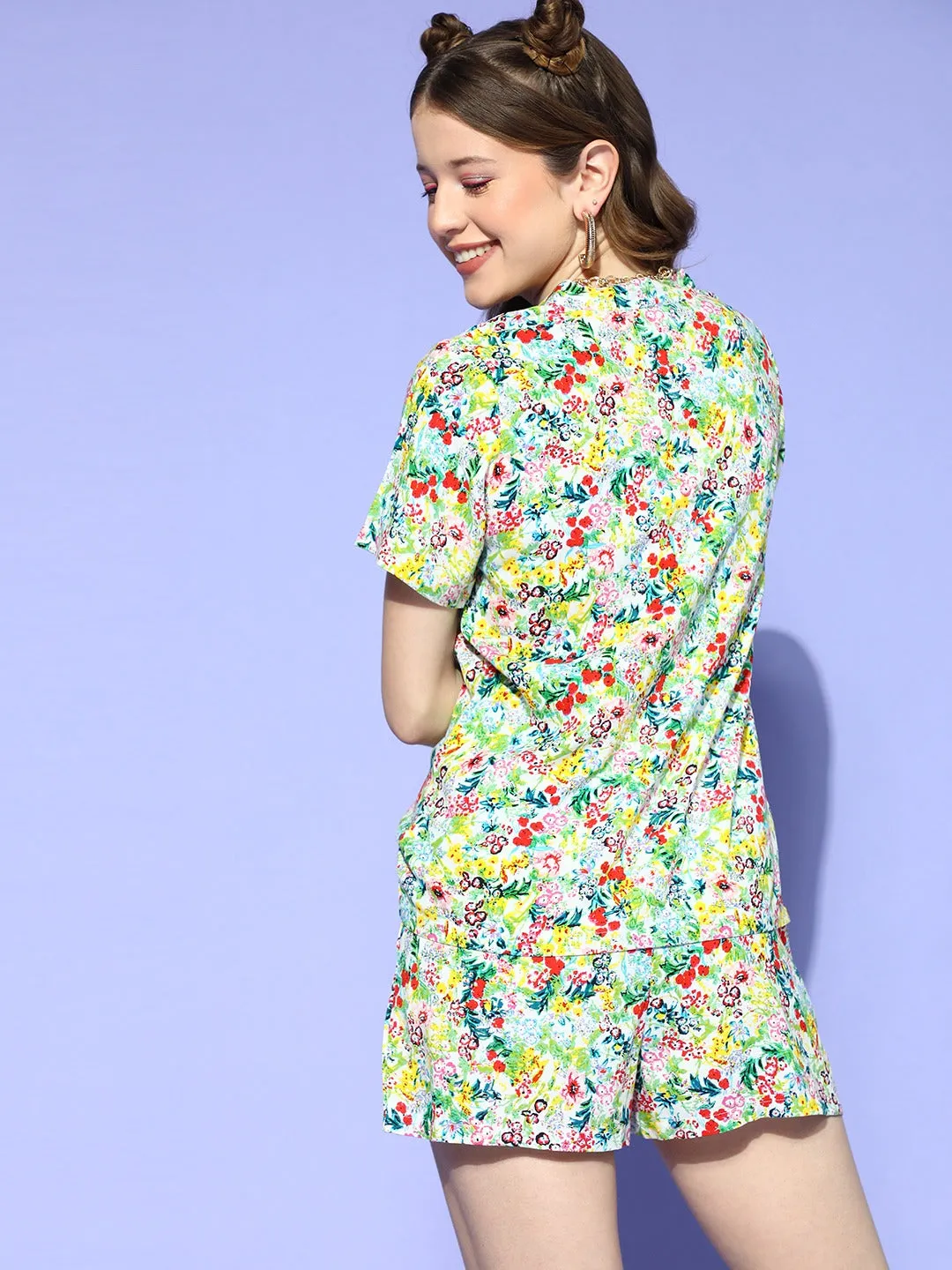 Berrylush Women Green & Red Floral Printed Mandarin Collar Neck Slip-On Night Suit