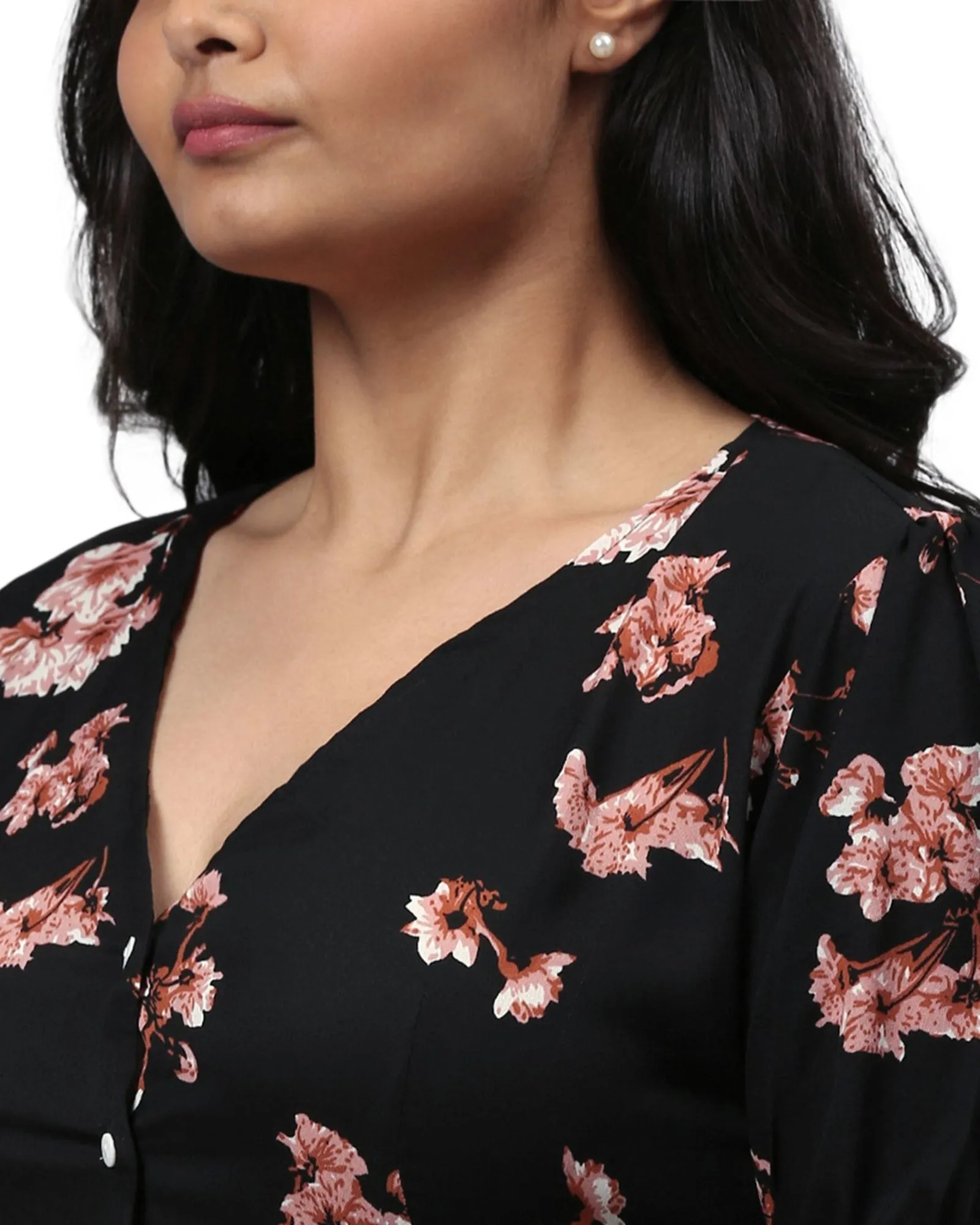 Floral Design Stylish Casual Dress- Black | Black