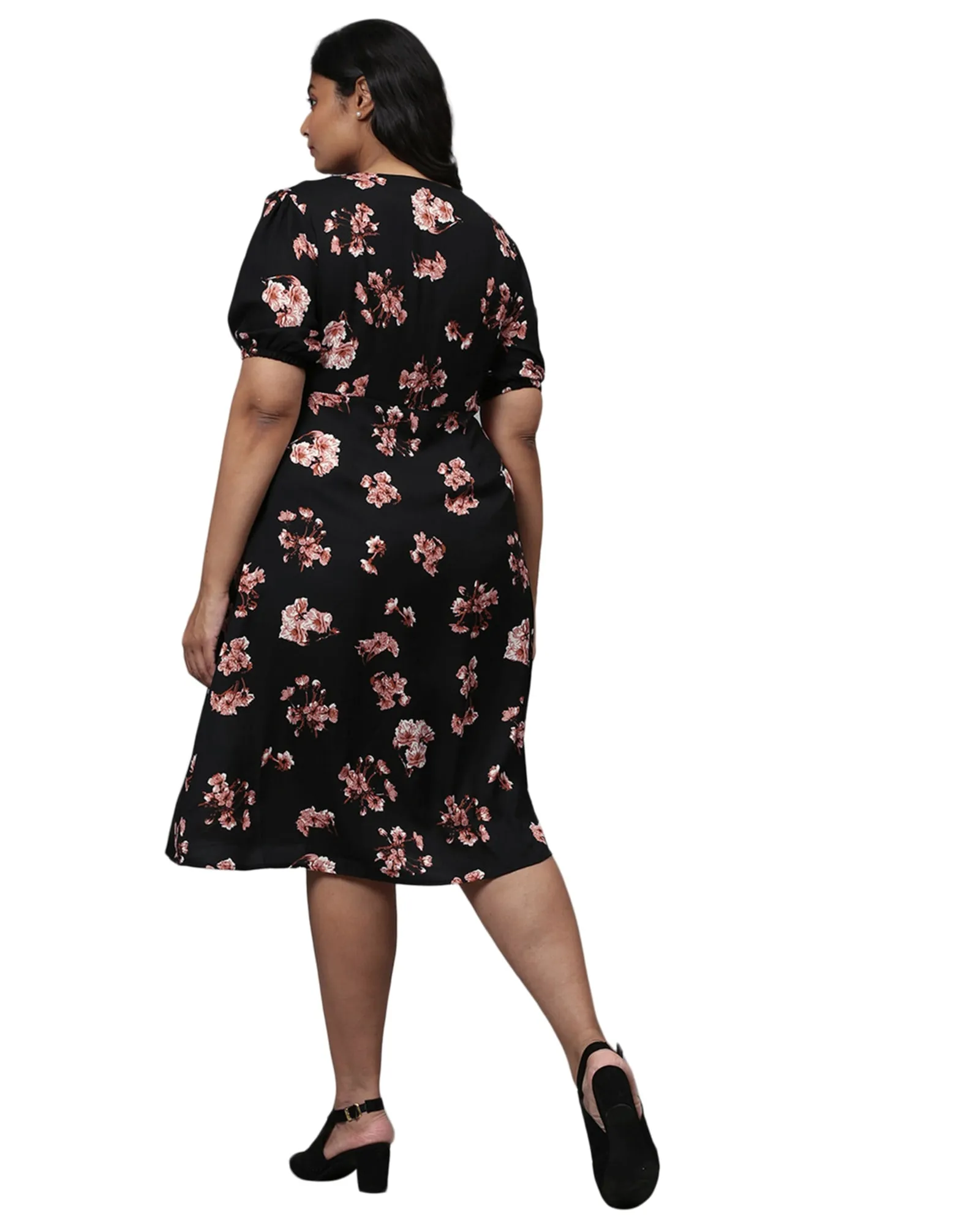 Floral Design Stylish Casual Dress- Black | Black