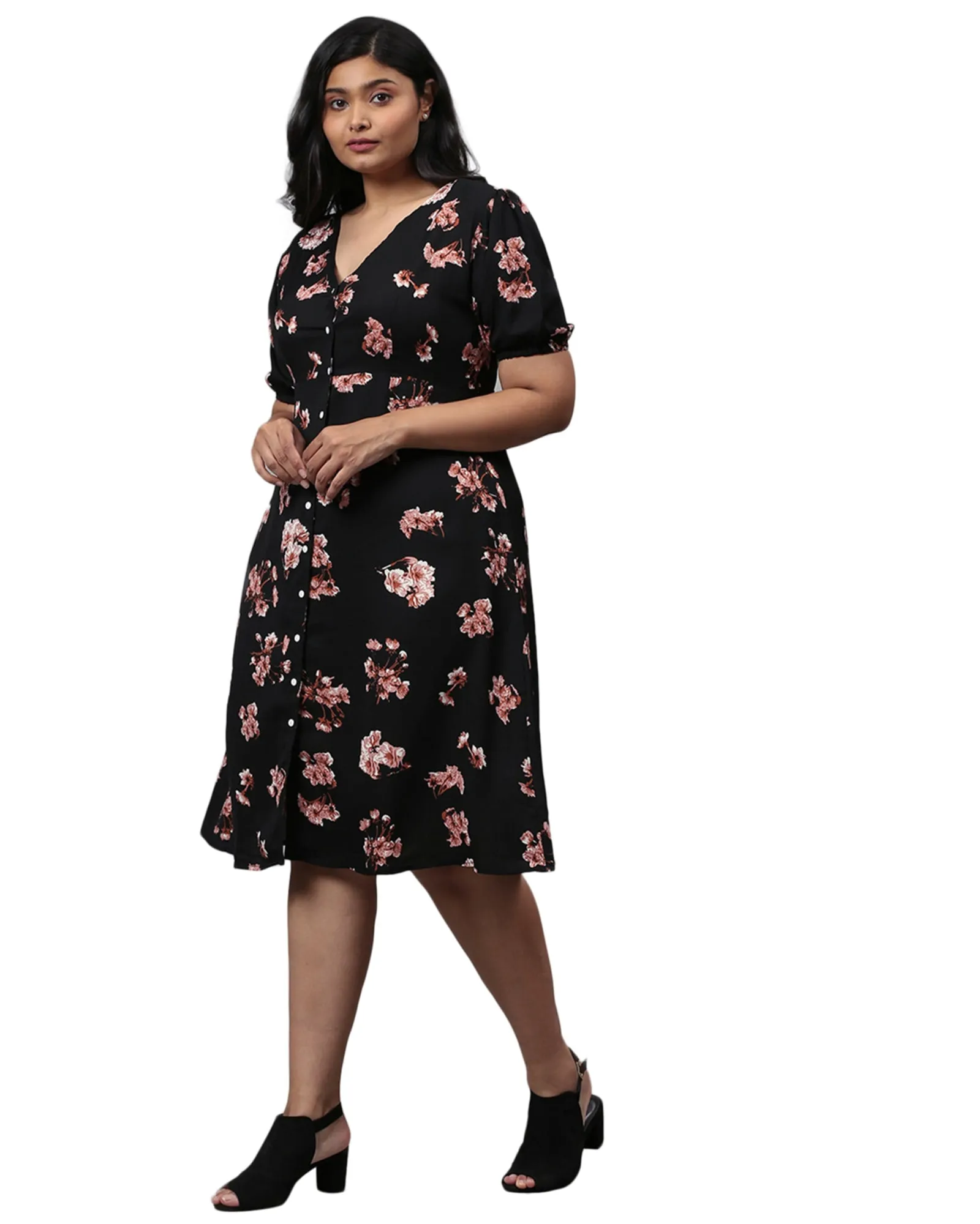 Floral Design Stylish Casual Dress- Black | Black