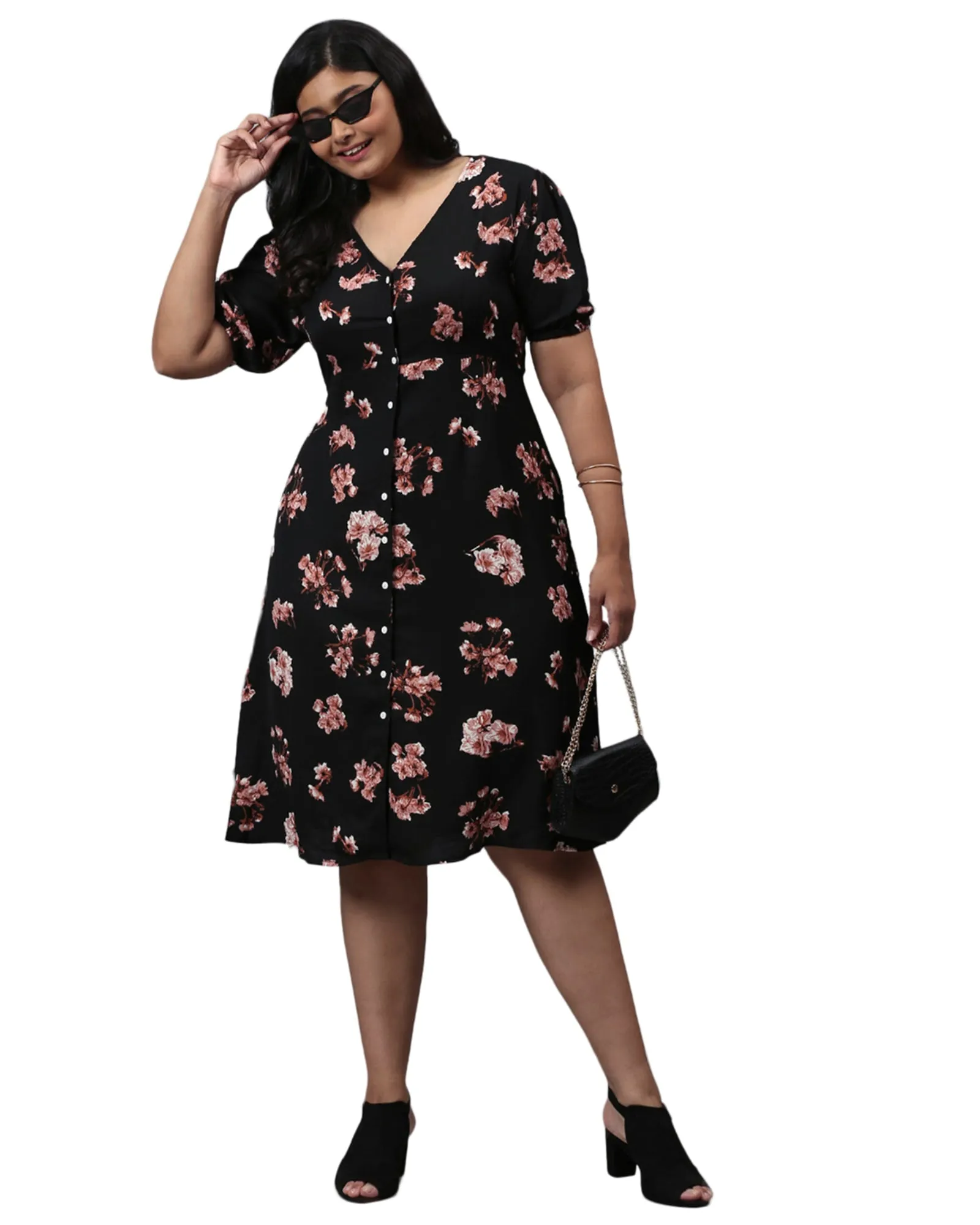 Floral Design Stylish Casual Dress- Black | Black