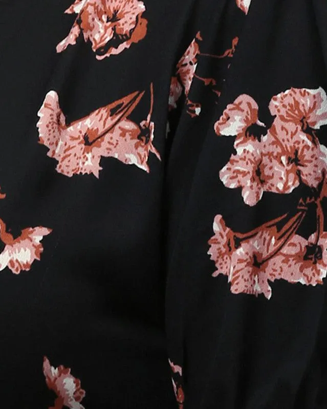 Floral Design Stylish Casual Dress- Black | Black