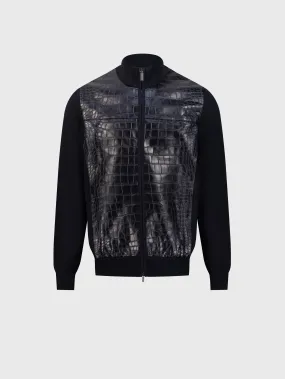 Full-Zip Sweater in Cashmere and Silk Crocodile Panel Dark Navy