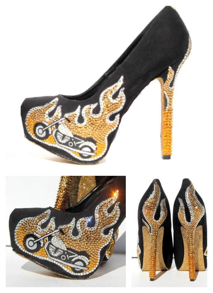 Gold Flame Motorcycle Crystal Heels