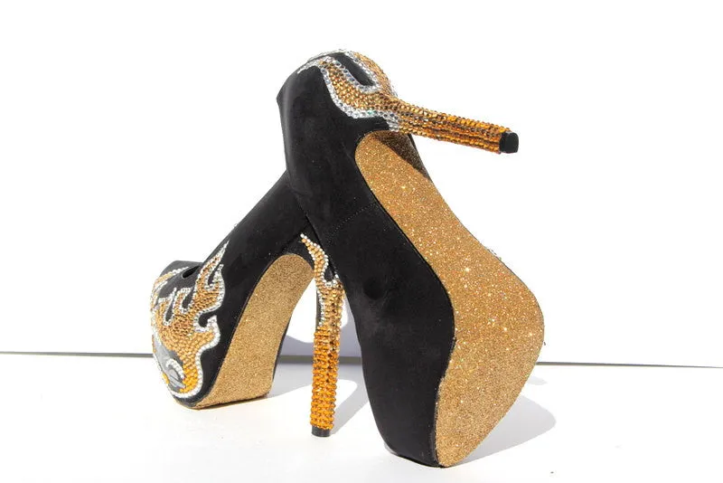 Gold Flame Motorcycle Crystal Heels