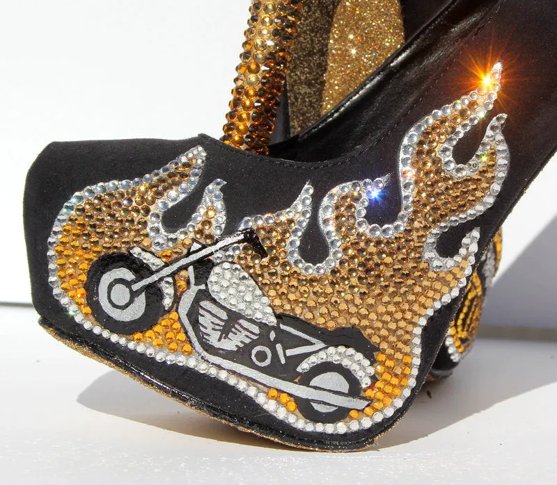 Gold Flame Motorcycle Crystal Heels