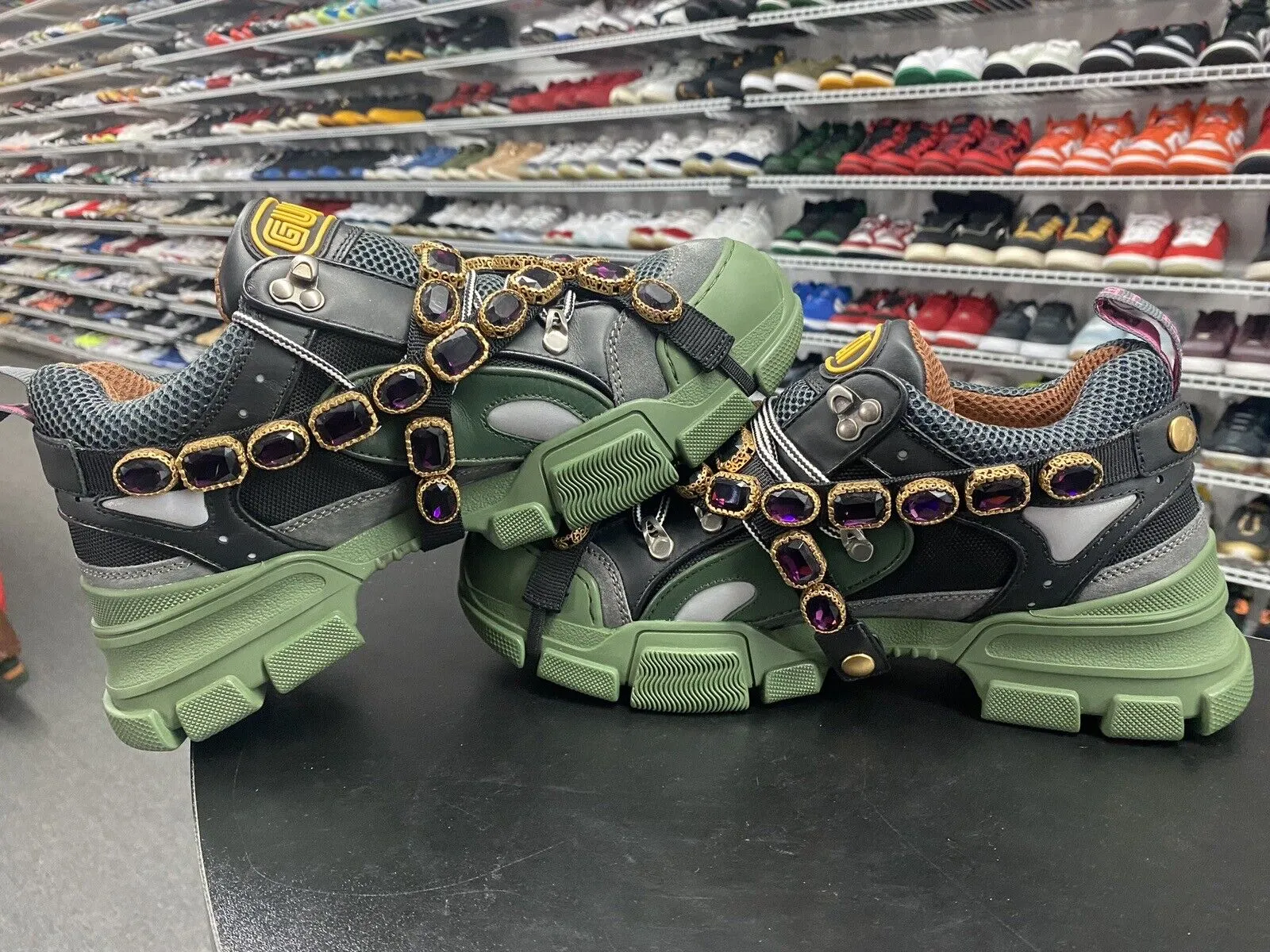 GUCCI Flashtrek Black Green Removable Crystals Mens Sneakers US Sz 8.5 UK Sz 8