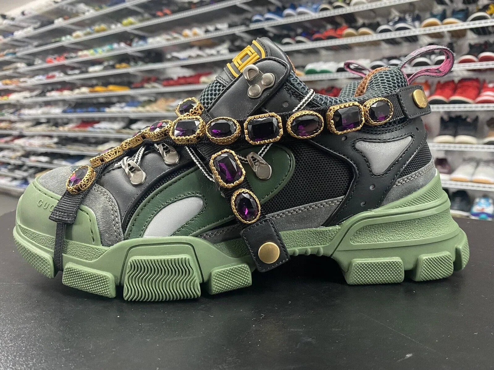 GUCCI Flashtrek Black Green Removable Crystals Mens Sneakers US Sz 8.5 UK Sz 8