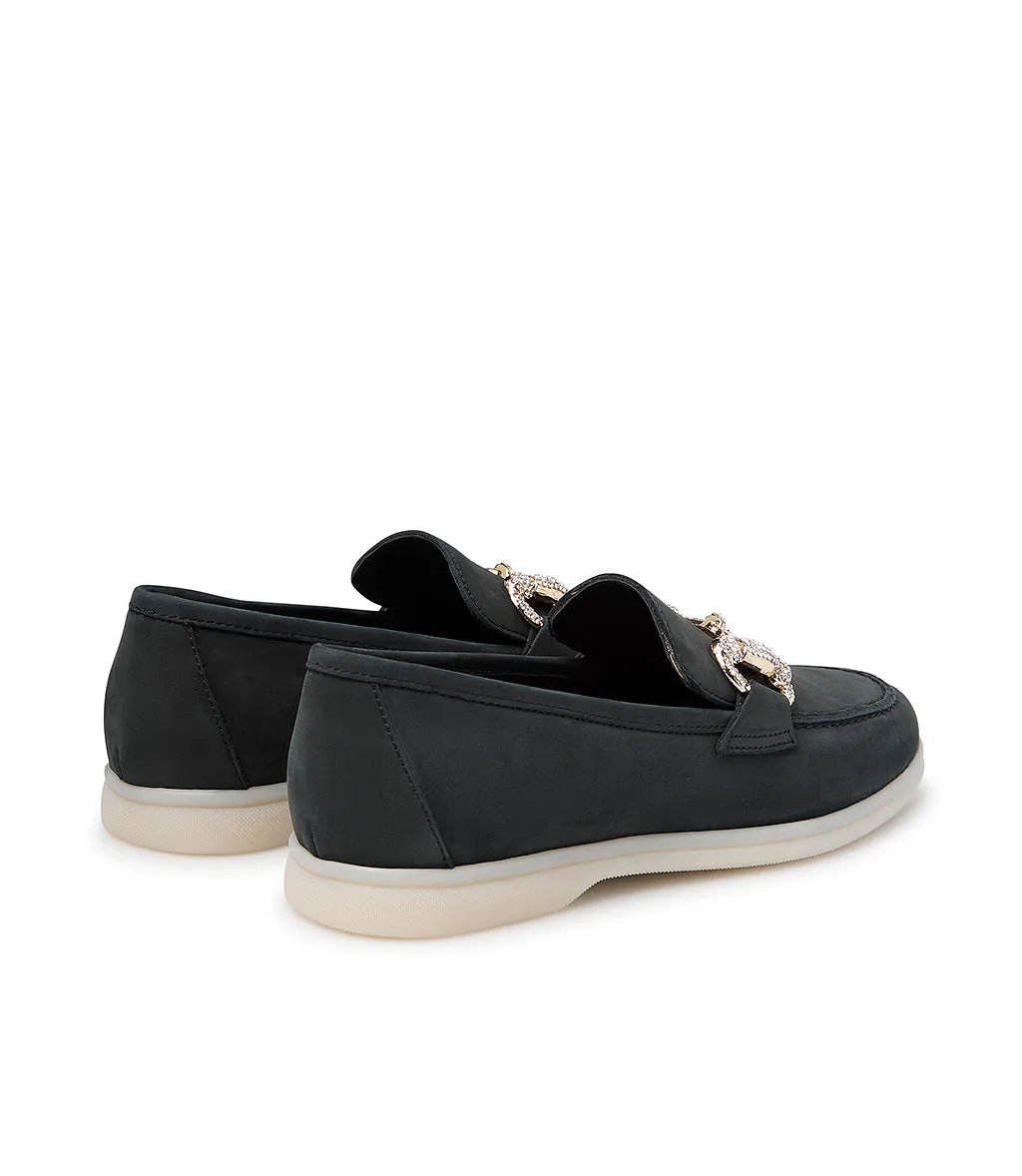 Jewel-buckle charcoal black  leather loafers
