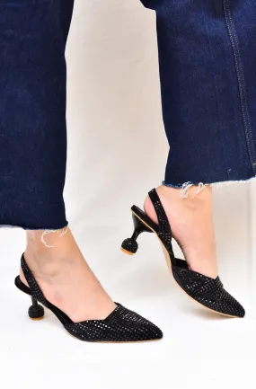 RHINESTONE POINTED TOE SLINGBACK PUMPS - BLACK