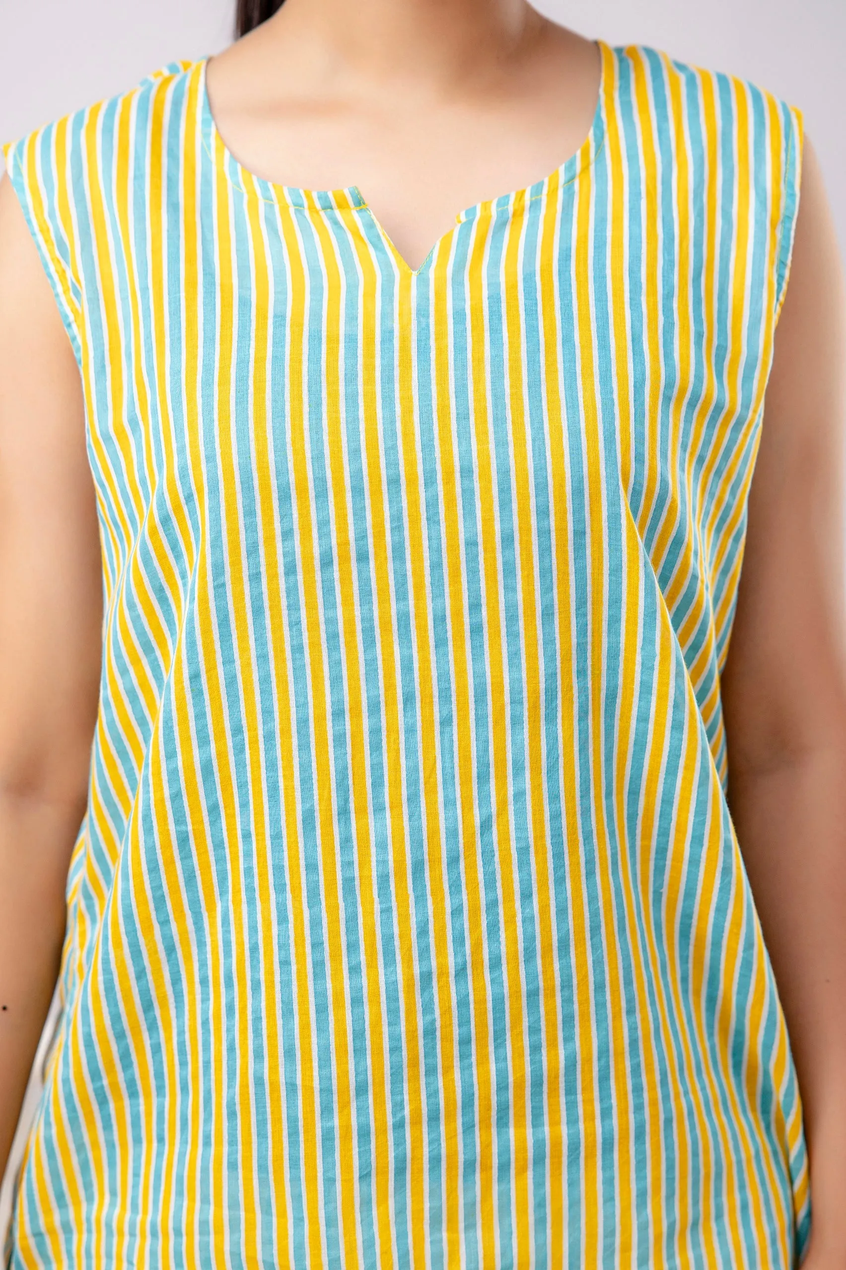 Women Yellow & Sea Green Striped Printed Night Suit (SHKY1038)