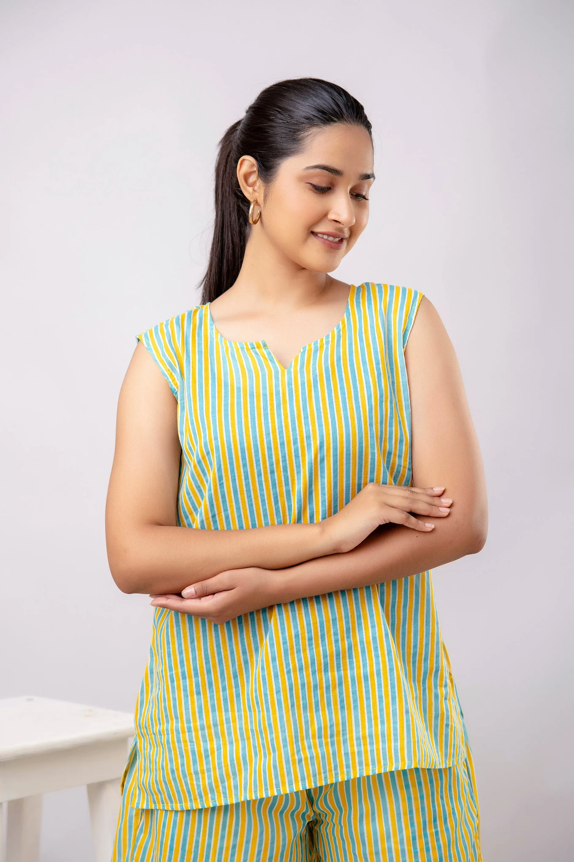 Women Yellow & Sea Green Striped Printed Night Suit (SHKY1038)