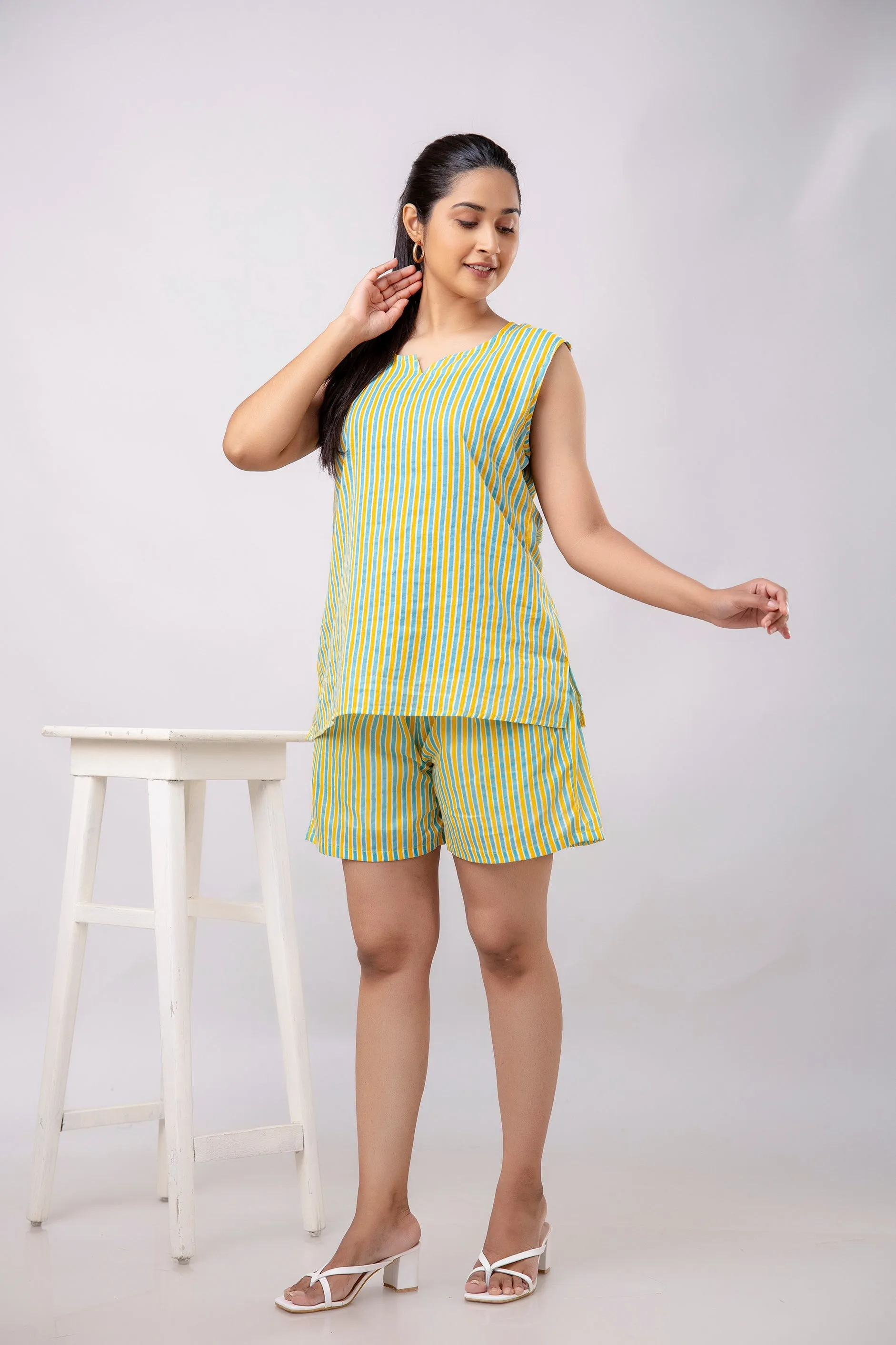 Women Yellow & Sea Green Striped Printed Night Suit (SHKY1038)