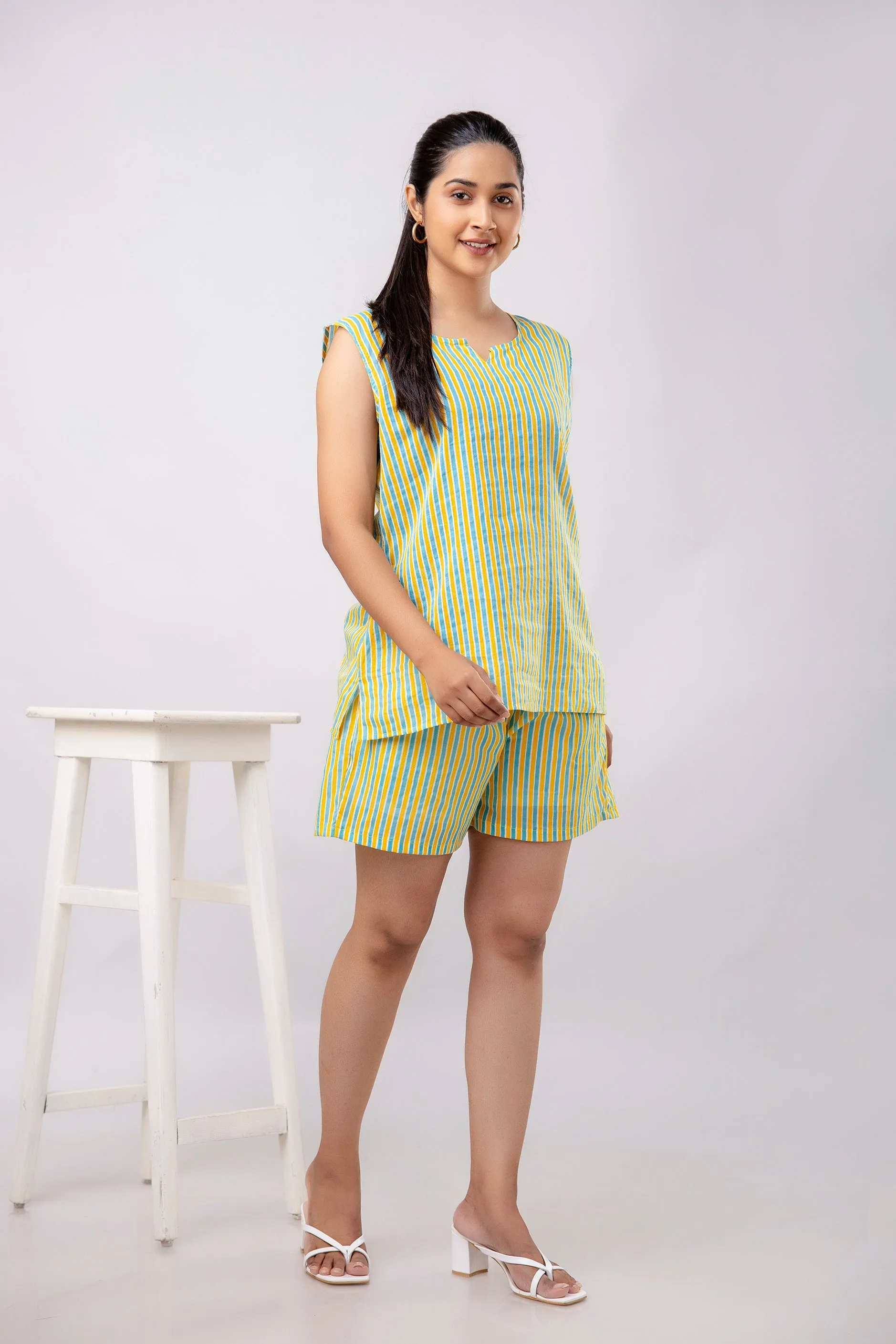 Women Yellow & Sea Green Striped Printed Night Suit (SHKY1038)