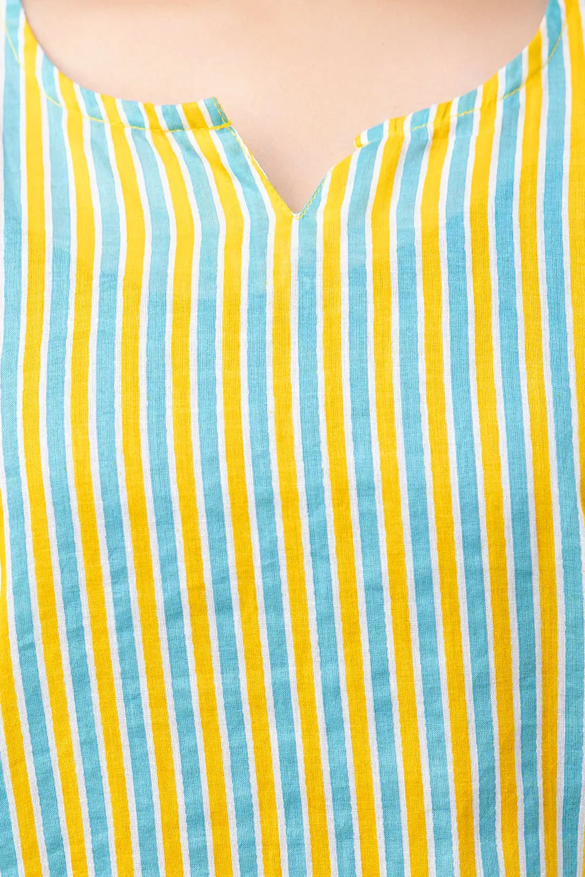 Women Yellow & Sea Green Striped Printed Night Suit (SHKY1038)
