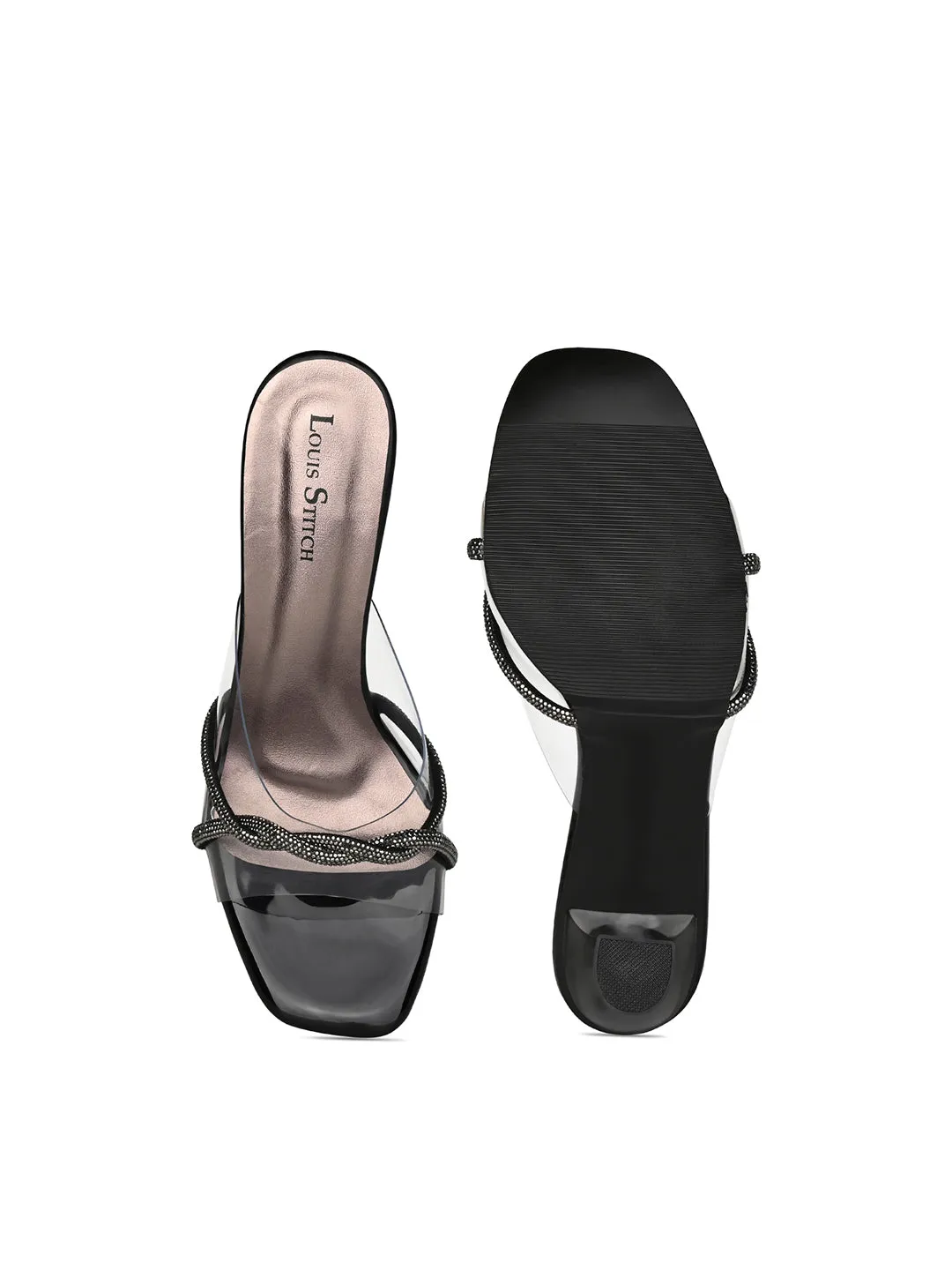 Women's Black Stilleto Heel Silicon Glitter Strap Mule Sandals