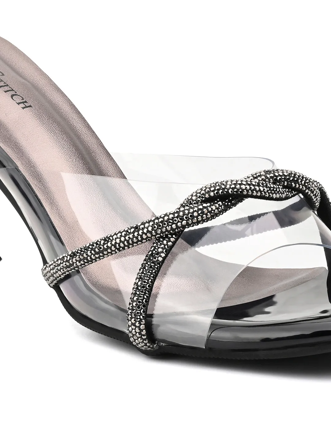 Women's Black Stilleto Heel Silicon Glitter Strap Mule Sandals
