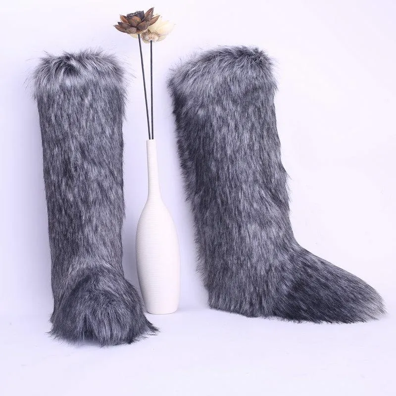 Women's chunky fuzzy warm knee high snow booties