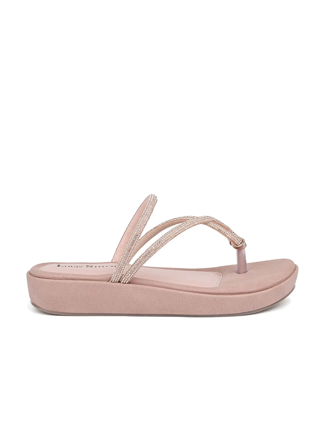 Women's Peach Pink Slip-On Platform Heel T-Strap Lightweight Sandals