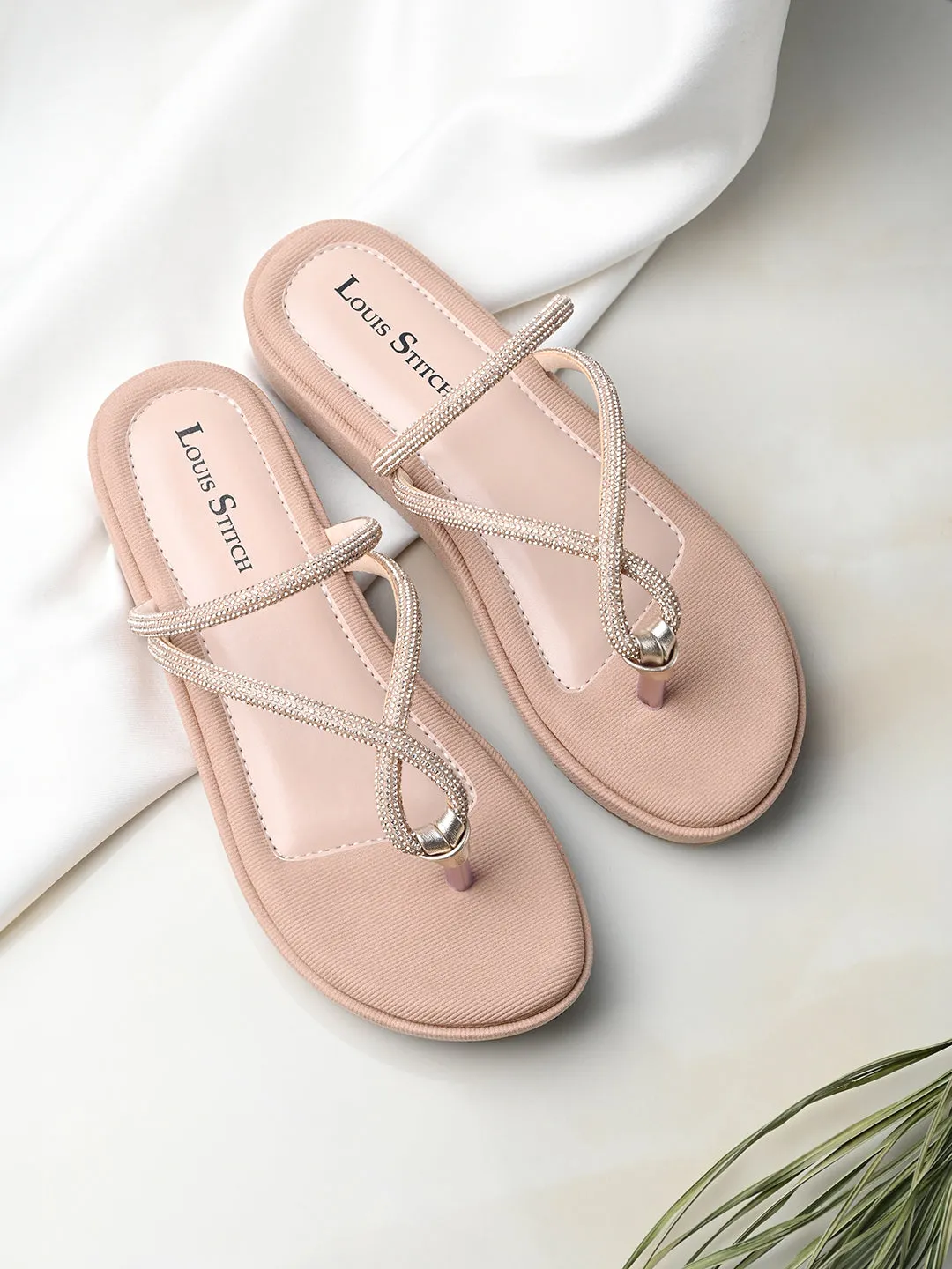 Women's Peach Pink Slip-On Platform Heel T-Strap Lightweight Sandals