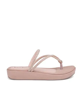 Women's Peach Pink Slip-On Platform Heel T-Strap Lightweight Sandals