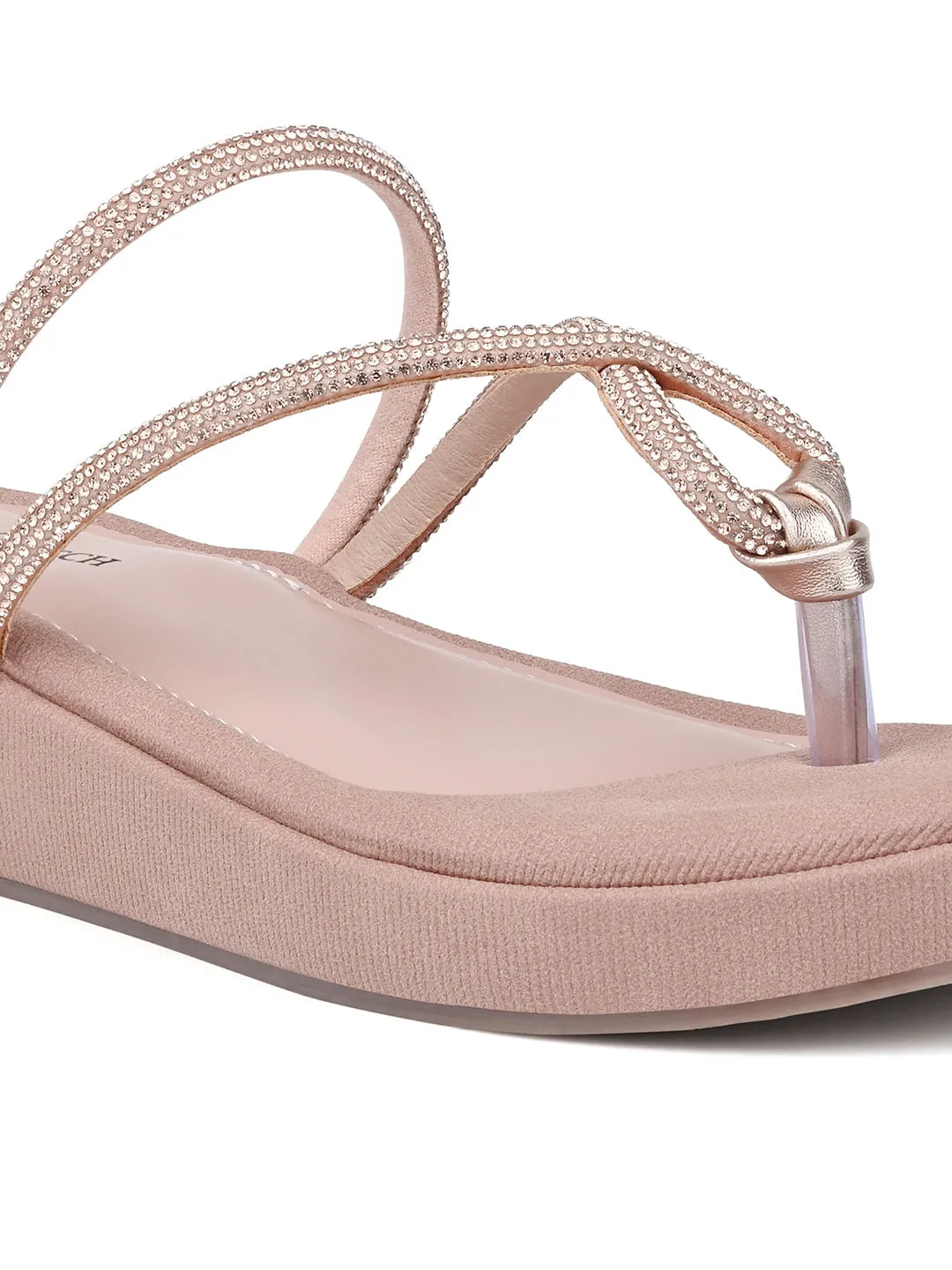 Women's Peach Pink Slip-On Platform Heel T-Strap Lightweight Sandals