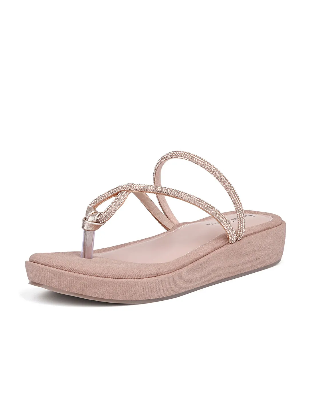 Women's Peach Pink Slip-On Platform Heel T-Strap Lightweight Sandals