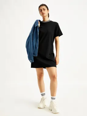 Women's Solid Black Crew Neck Dress
