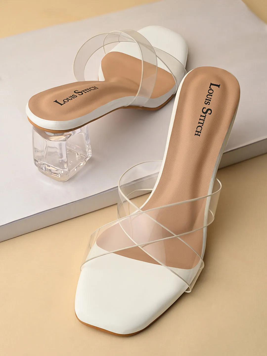 Women's White Transparent Cross Strap Block Heel Lightweight Sandals